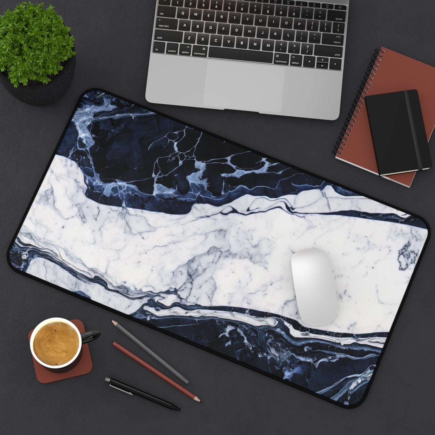 Deep Blue Marbled Appearance xxl mouse pad of size 12 by 22 inches displayed on a desk