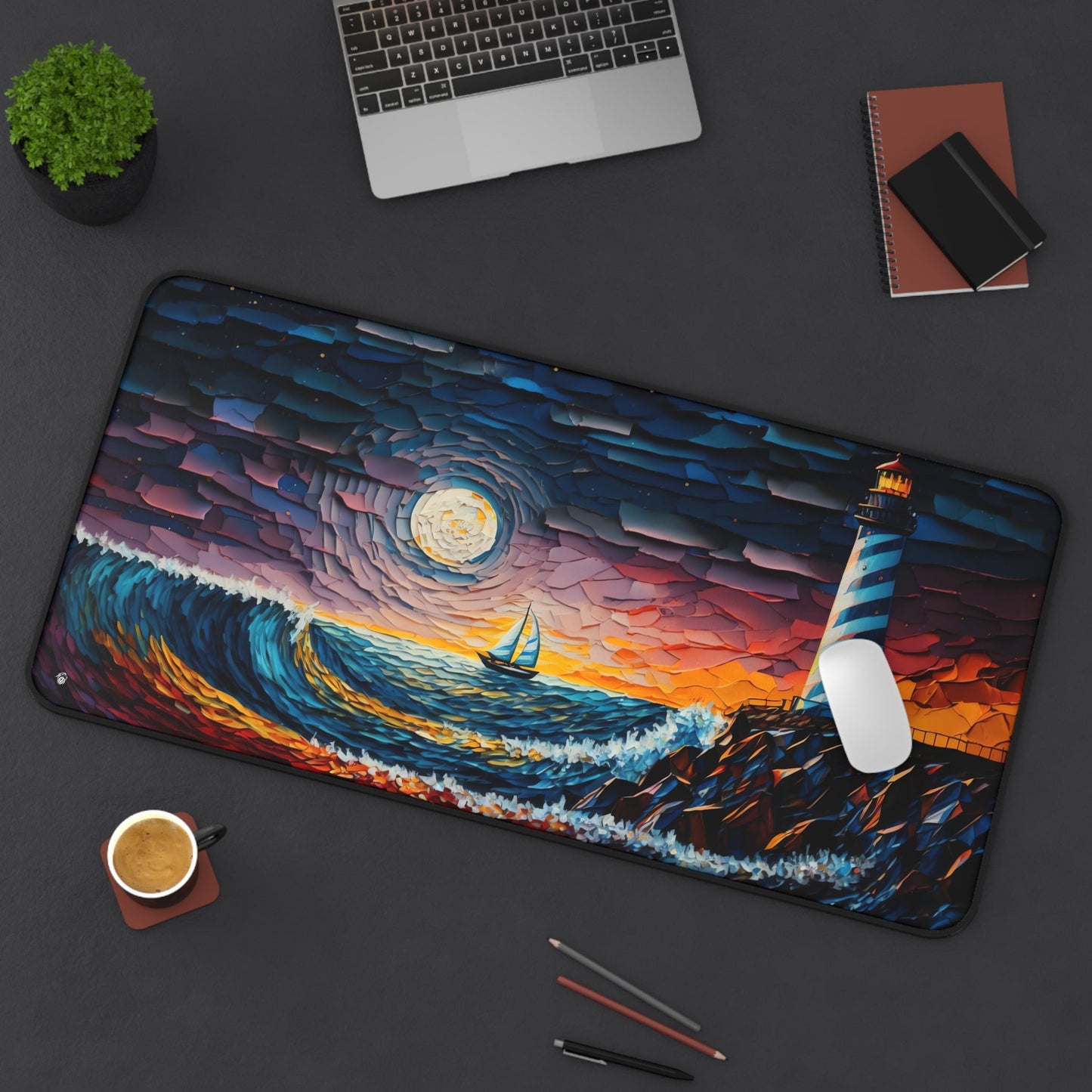 Sunset Lighthouse Illustration xxl mouse pad of size 15 by 31 inches displayed on a desk