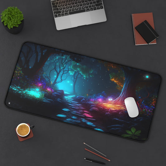 Enchanting Woodland, Vibrant Hues xxl mouse pad of size 15 by 31 inches displayed on a desk