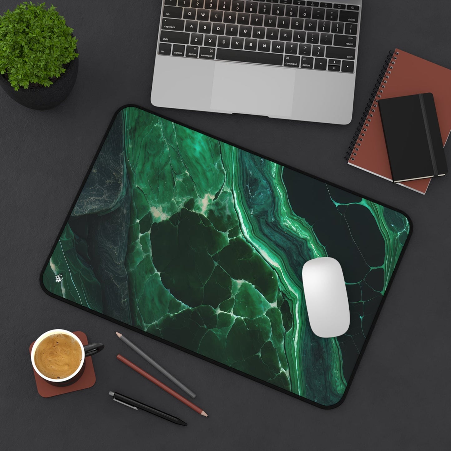 Elegant Emerald Green Marble xxl mouse pad of size 12 by 18 inches displayed on a desk