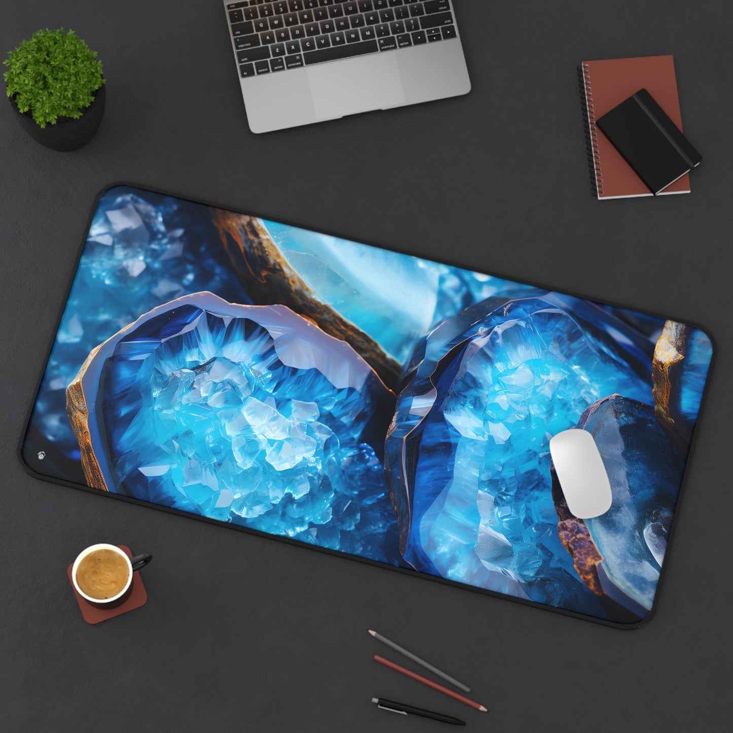 Vibrant Blue Geode Pattern xxl mouse pad of size 15 by 31 inches displayed on a desk