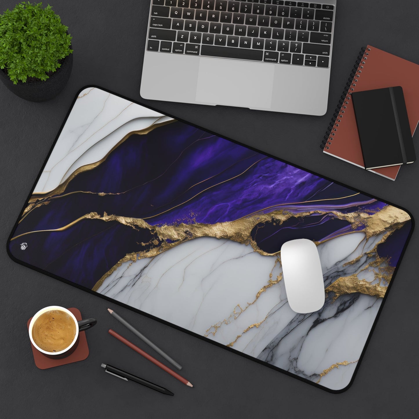 Purple Marble with Gold Accents xxl mouse pad of size 12 by 22 inches displayed on a desk