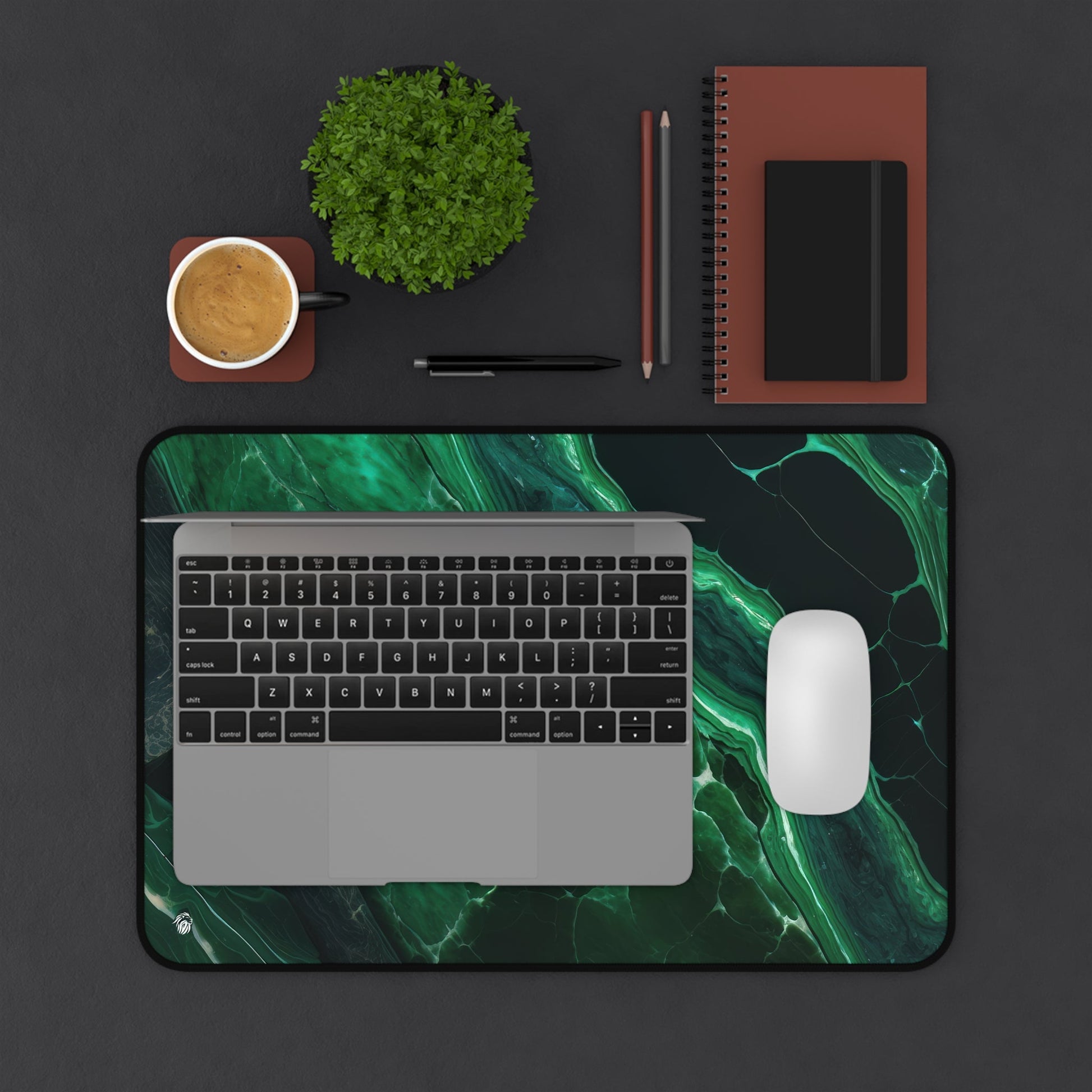 Elegant Emerald Green Marble xxl mouse pad of size 12 by 18 inches displayed on a desk