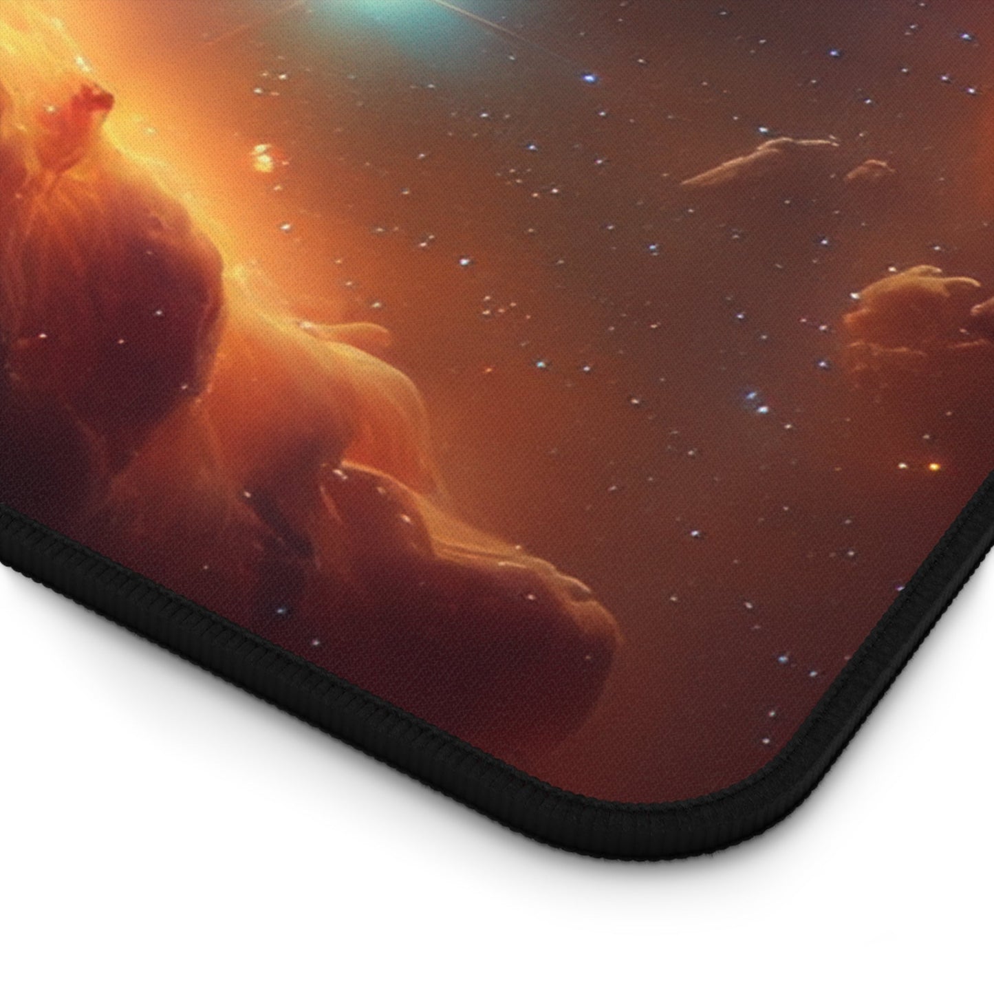 Close-up view of the front of the Vibrant Orange Galactic Print xxl mouse pad