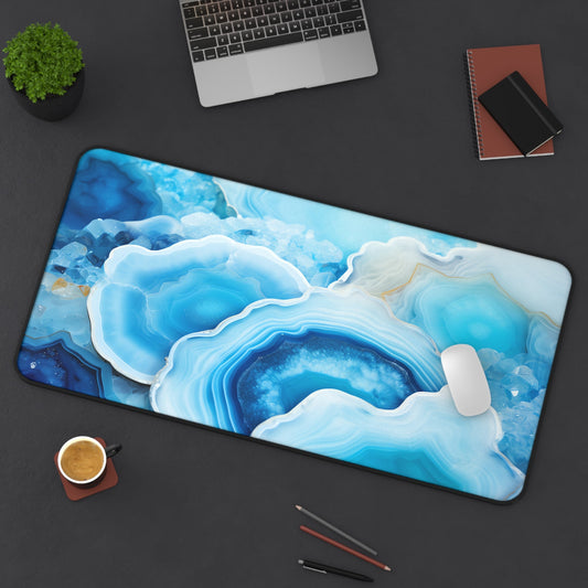 Cyan Blue, Geode-inspired Pattern xxl mouse pad of size 15 by 31 inches displayed on a desk