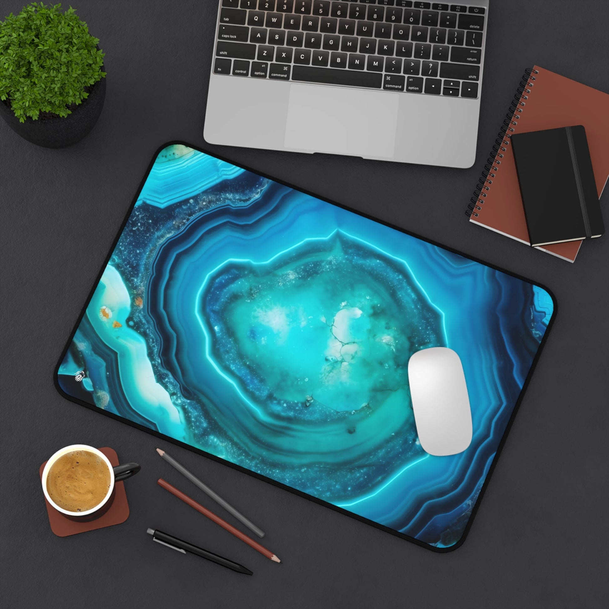 Vibrant Cyan Blue Geode xxl mouse pad of size 12 by 18 inches displayed on a desk