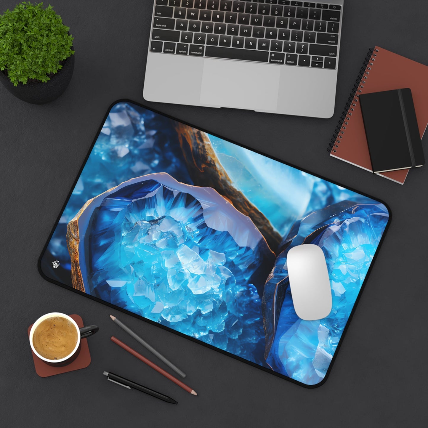 Vibrant Blue Geode Pattern xxl mouse pad of size 12 by 18 inches displayed on a desk