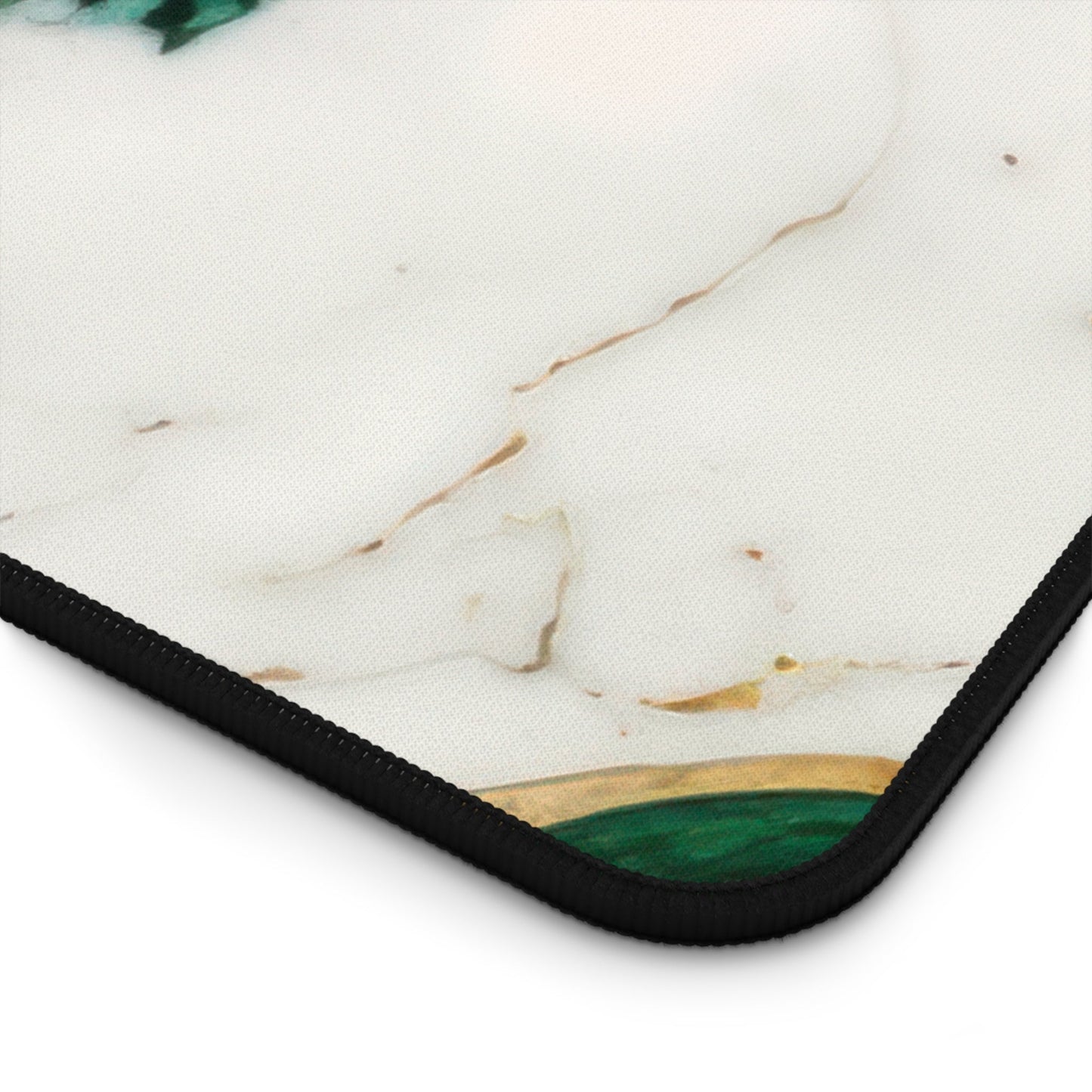 Close-up view of the front of the Emerald Green Marbled, Gold Highlights xxl mouse pad