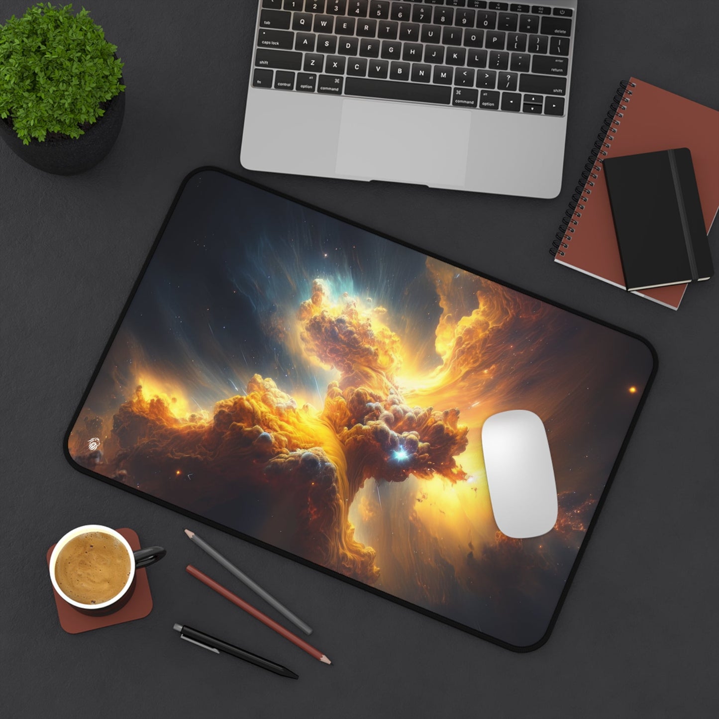 Vivid Orange Nebula Imagery xxl mouse pad of size 12 by 18 inches displayed on a desk