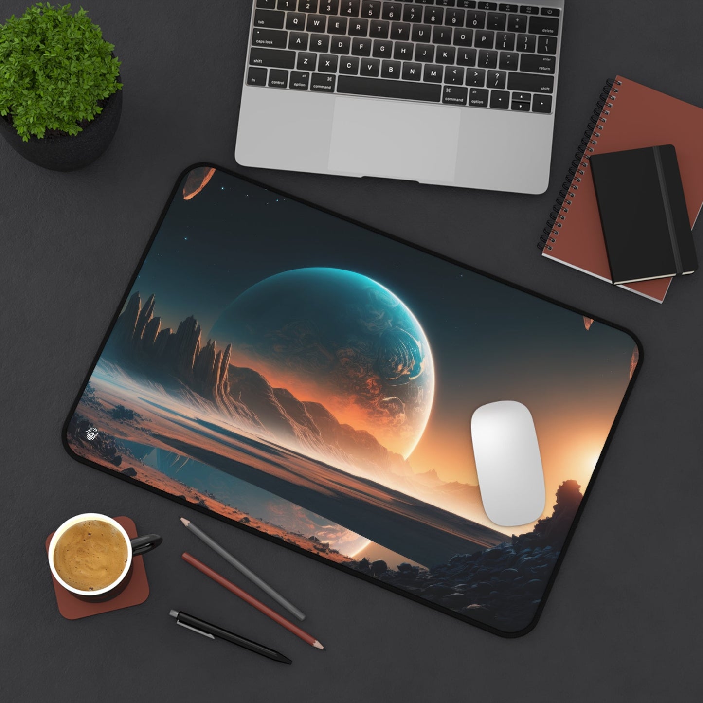 Extraterrestrial Landscape, Galactic Imagery xxl mouse pad of size 12 by 18 inches displayed on a desk