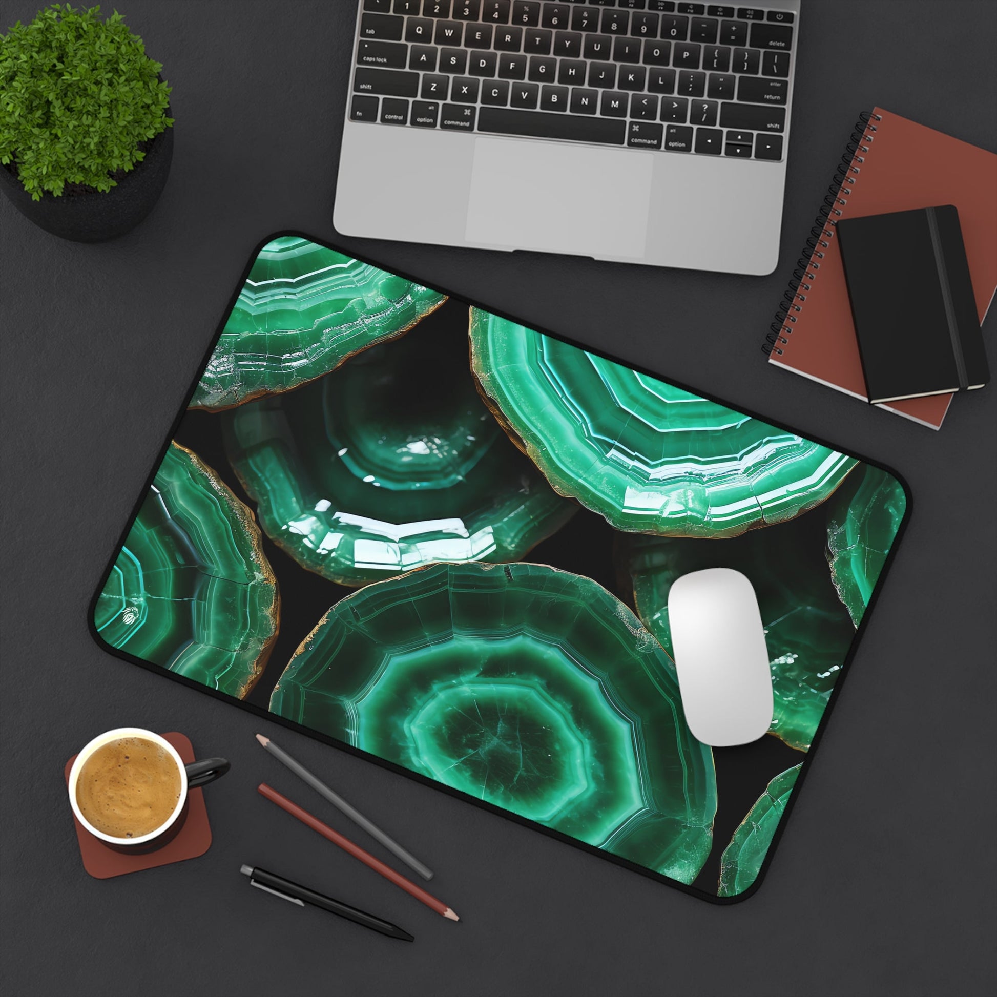 Deep Green, Emerald Crystal Geode xxl mouse pad of size 12 by 18 inches displayed on a desk