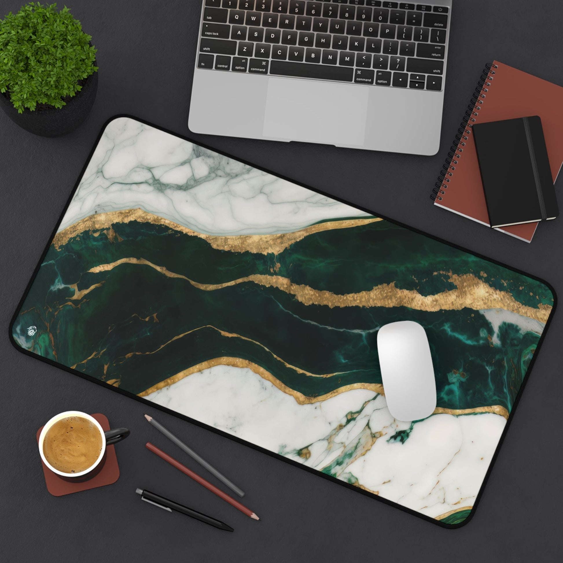 Emerald Green Marbled, Gold Highlights xxl mouse pad of size 12 by 22 inches displayed on a desk