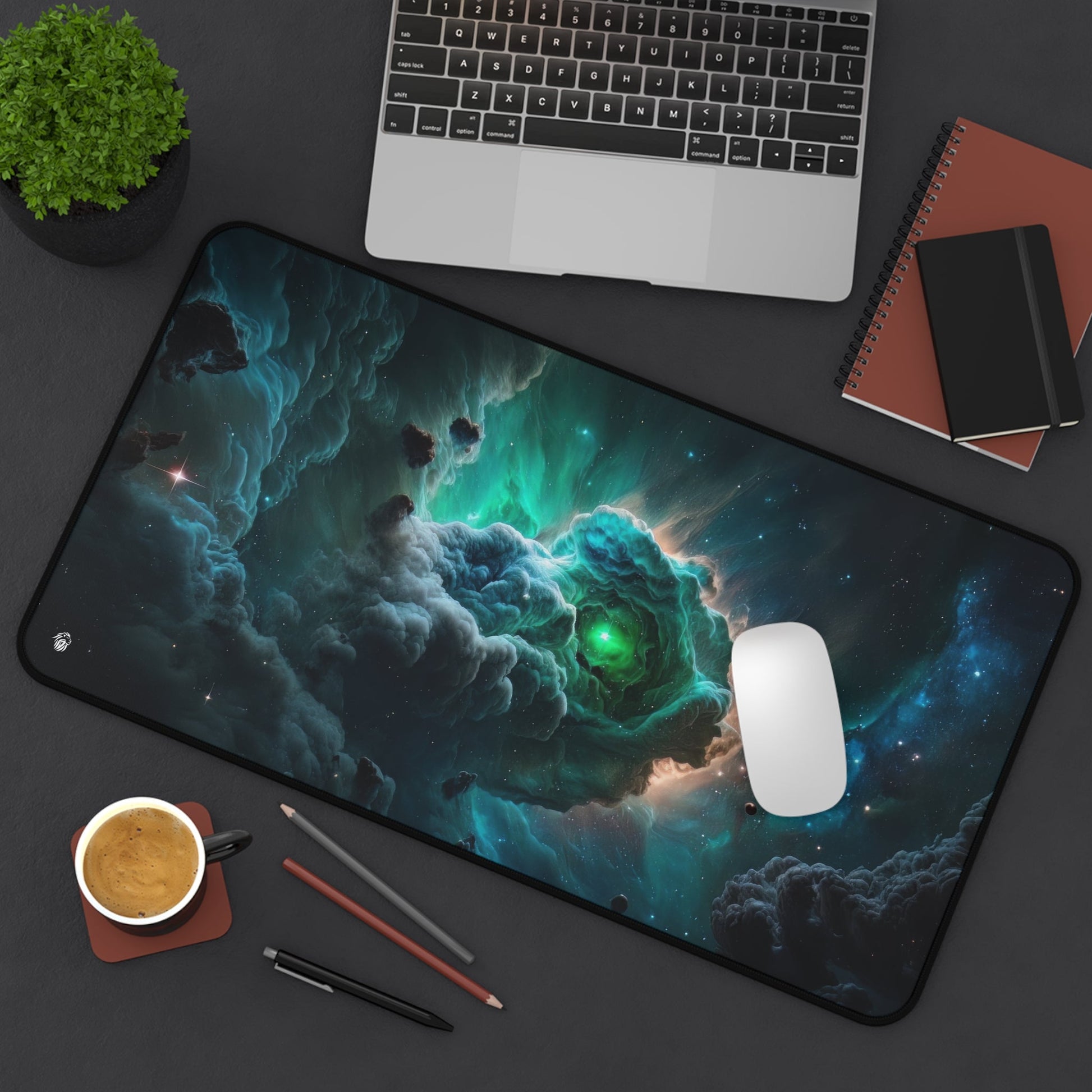 Starry Sky, Nebula Motif xxl mouse pad of size 12 by 22 inches displayed on a desk