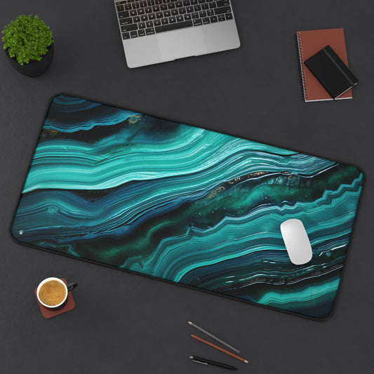 Cyan Blue Abstract Swirls xxl mouse pad of size 15 by 31 inches displayed on a desk