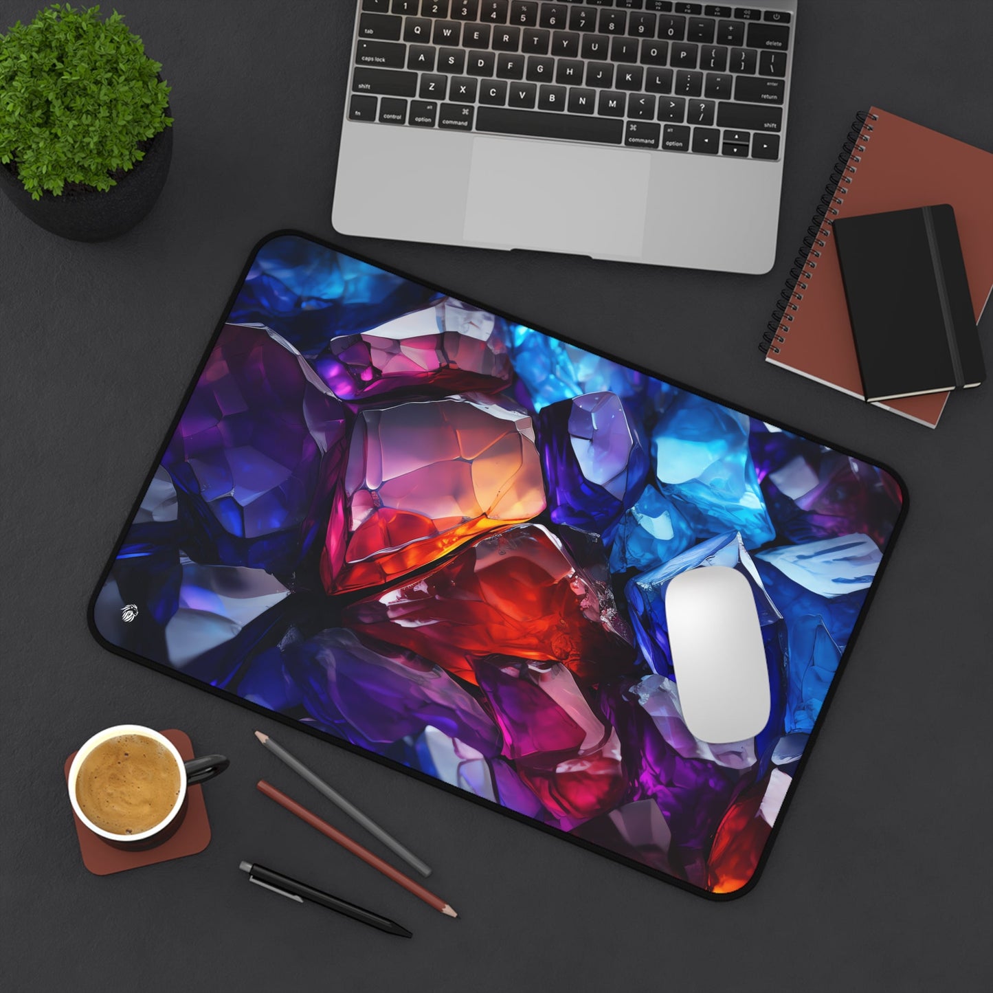 Vibrant Crystal Geode Pattern xxl mouse pad of size 12 by 18 inches displayed on a desk