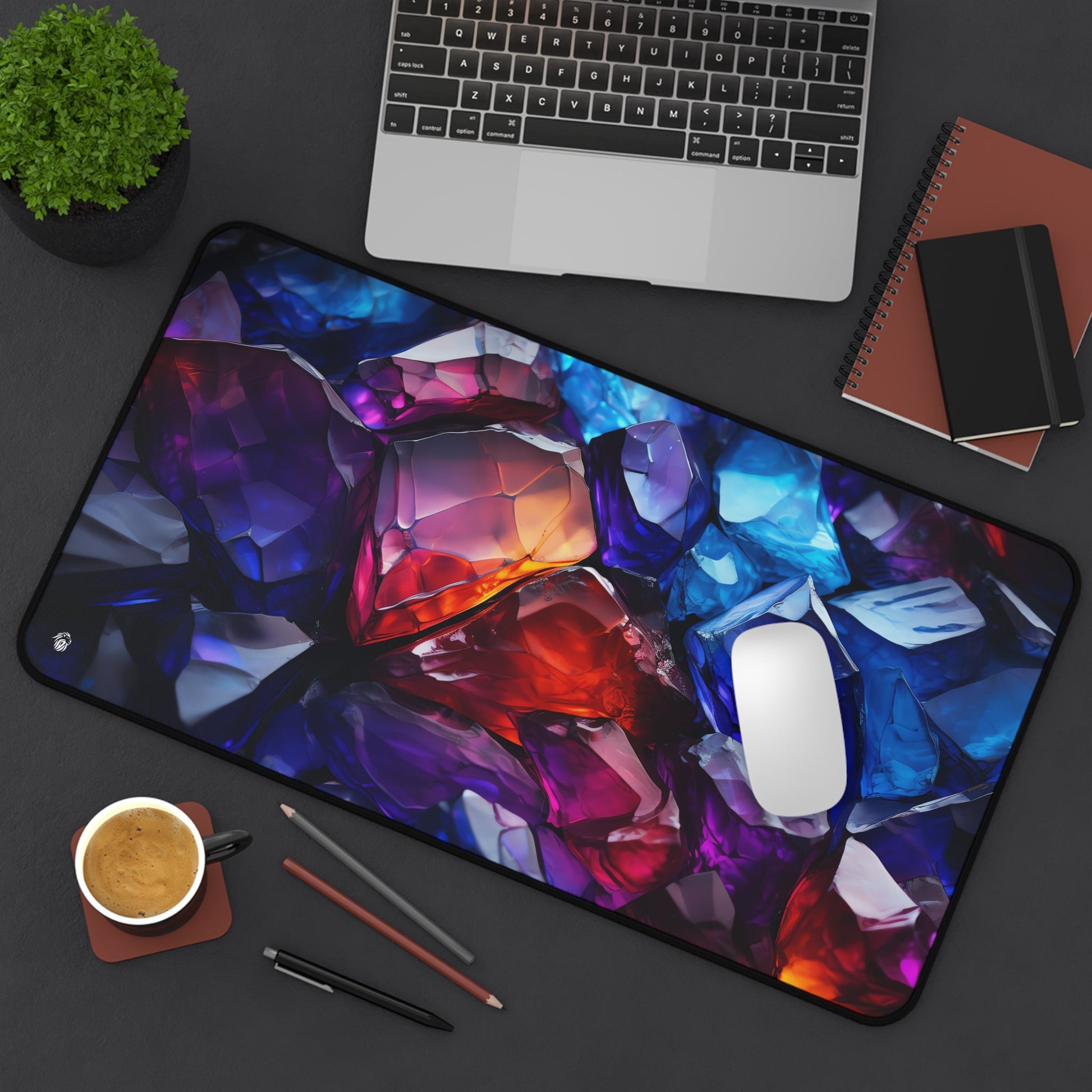 Vibrant Crystal Geode Pattern xxl mouse pad of size 12 by 22 inches displayed on a desk