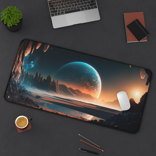 Extraterrestrial Landscape, Galactic Imagery xxl mouse pad of size 15 by 31 inches displayed on a desk