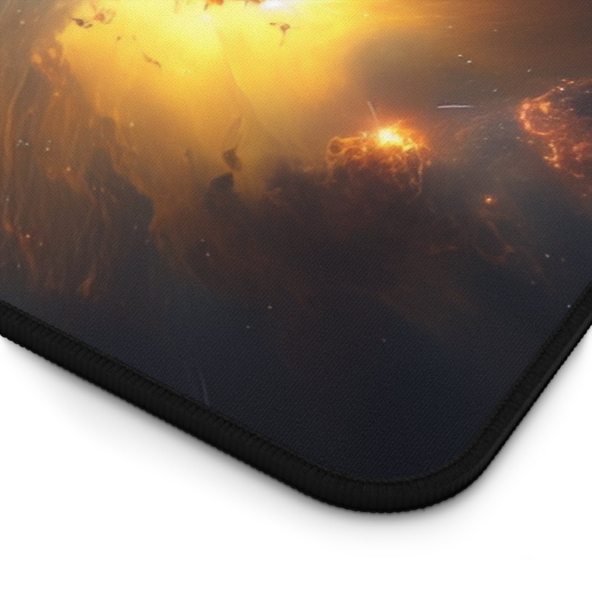 Close-up view of the front of the Vivid Orange Nebula Imagery xxl mouse pad