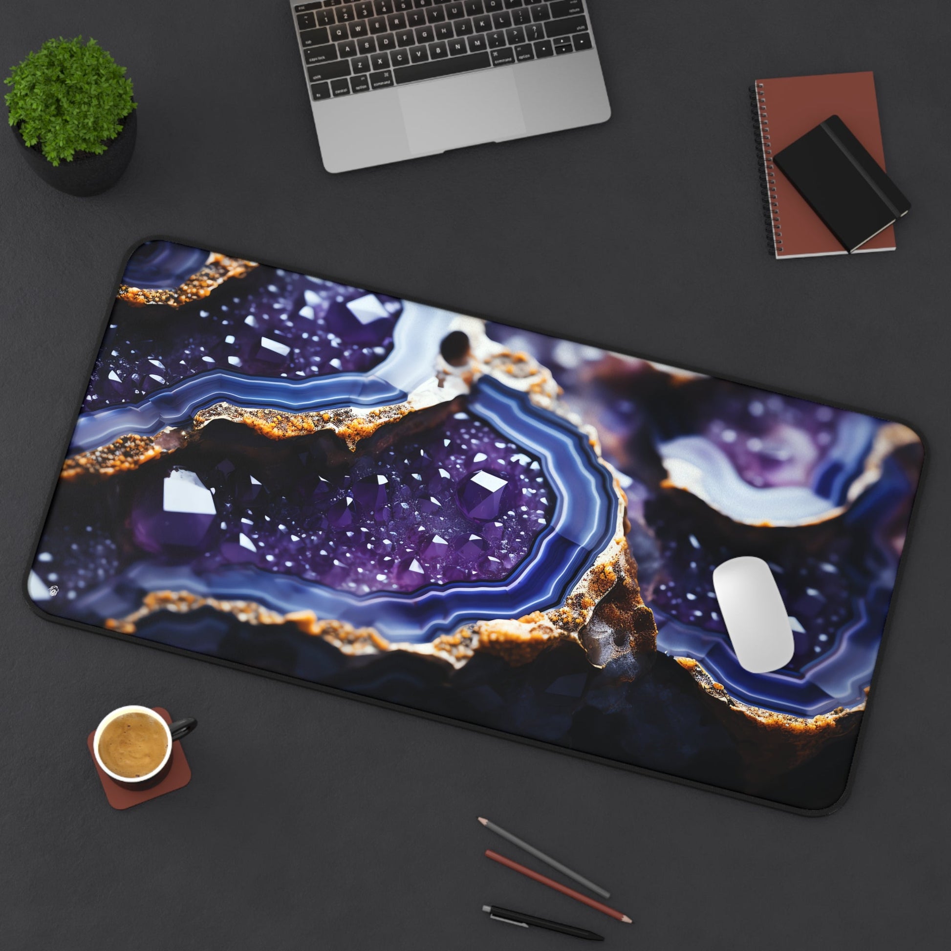 Vibrant Amethyst Patterns xxl mouse pad of size 15 by 31 inches displayed on a desk