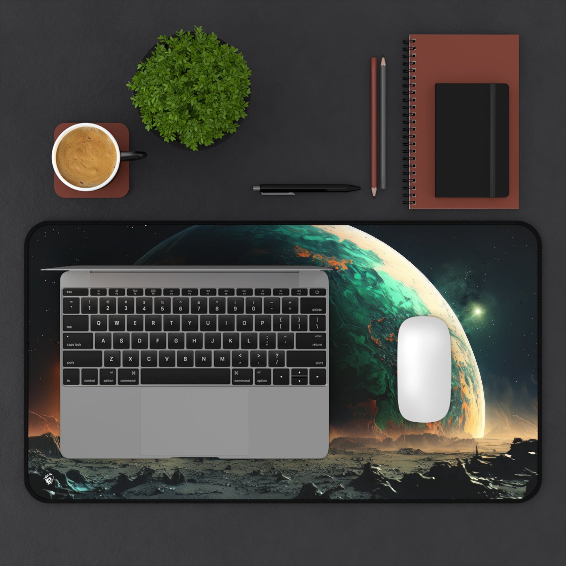 Extraterrestrial Landscape, Lunar Surface xxl mouse pad of size 12 by 22 inches displayed on a desk