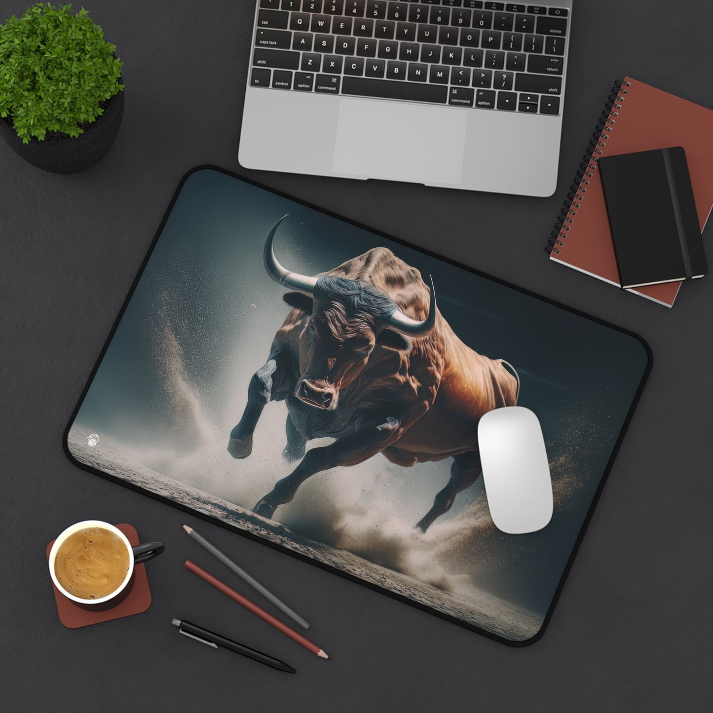 Vibrant, Dynamic Bull Illustration xxl mouse pad of size 12 by 18 inches displayed on a desk