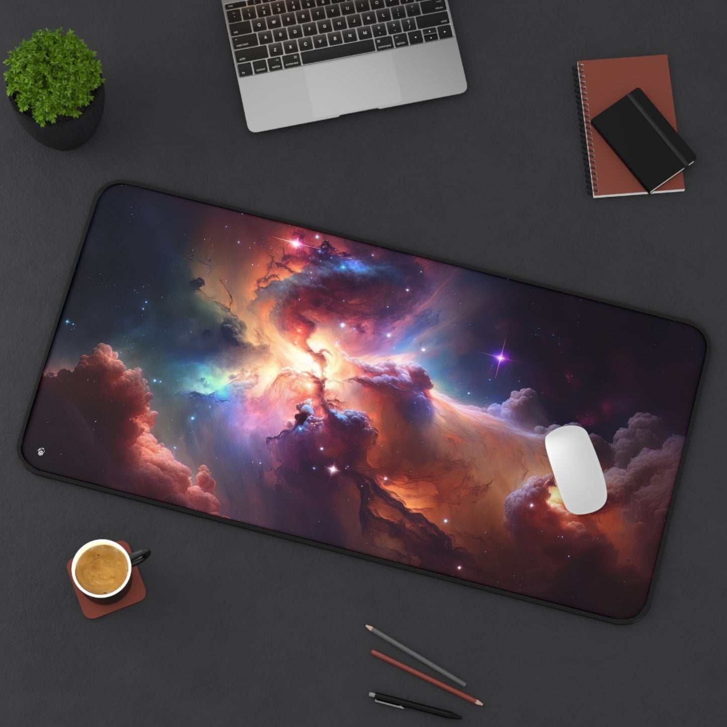 Galactic Nebula Imagery xxl mouse pad of size 15 by 31 inches displayed on a desk