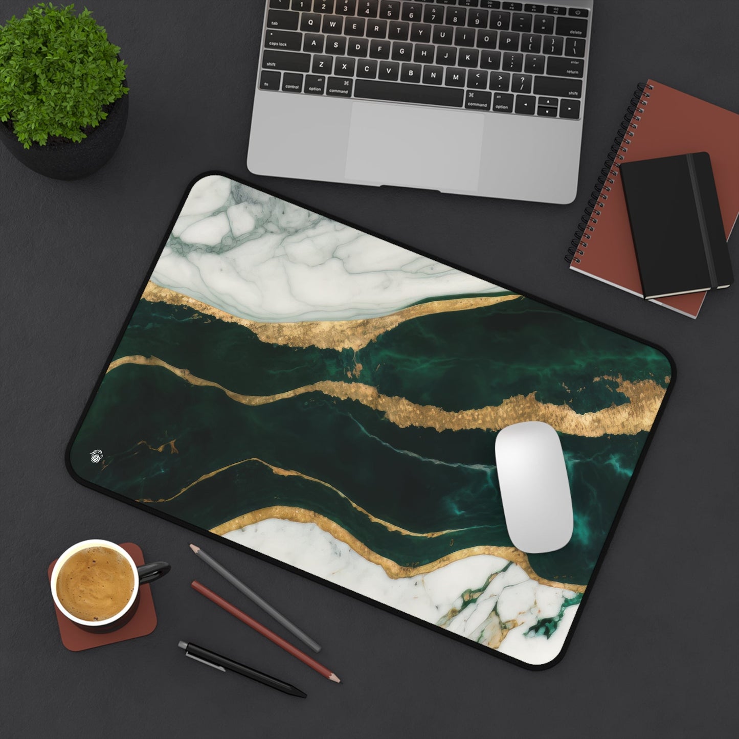 Emerald Green Marbled, Gold Highlights xxl mouse pad of size 12 by 18 inches displayed on a desk