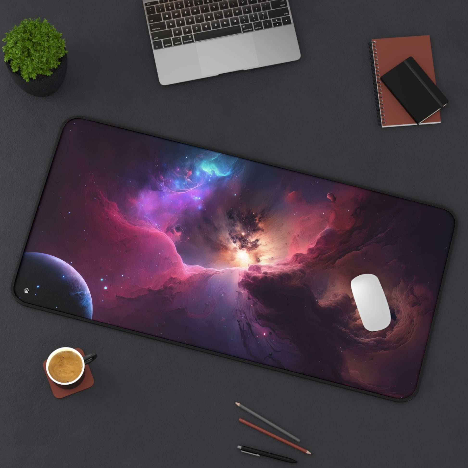 Vibrant Nebula Imagery xxl mouse pad of size 15 by 31 inches displayed on a desk