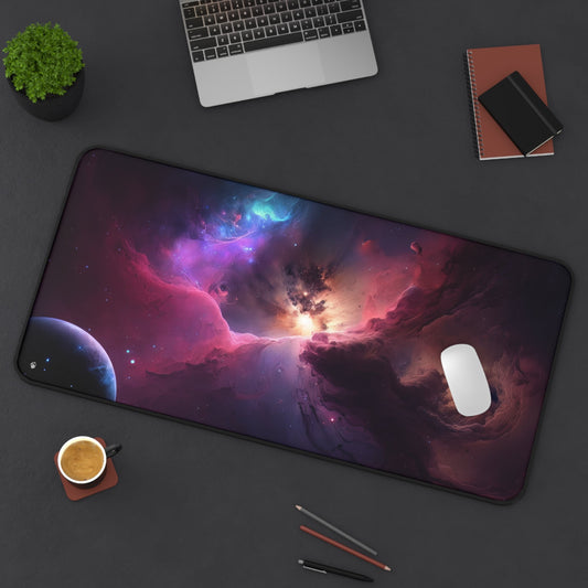 Vibrant Nebula Imagery xxl mouse pad of size 15 by 31 inches displayed on a desk