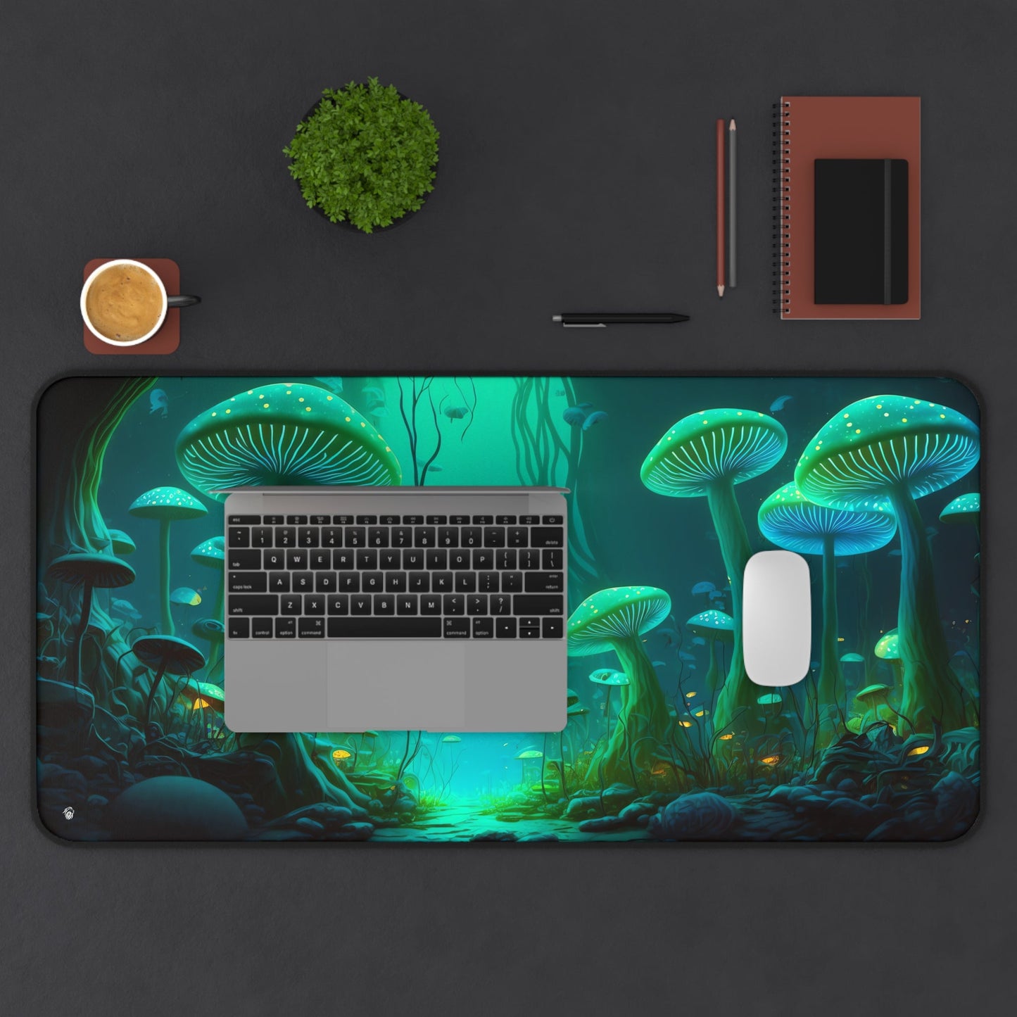 Enchanting Fungal Forest Imagery xxl mouse pad of size 15 by 31 inches displayed on a desk