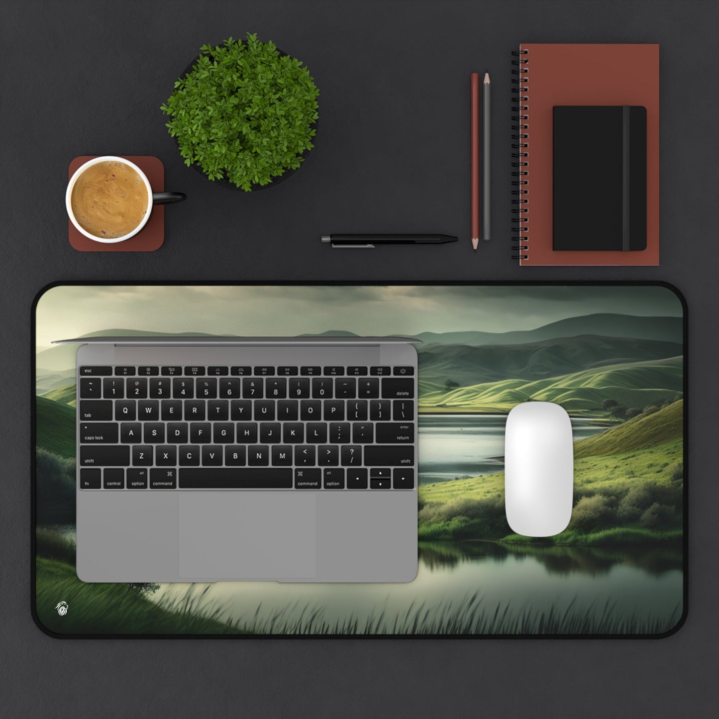 Verdant Hills Panoramic View xxl mouse pad of size 12 by 22 inches displayed on a desk