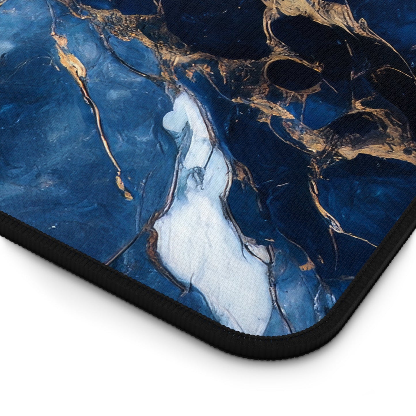 Blue, Marbled, Gold Accents xxl mouse pad of size 15 by 31 inches with a white background