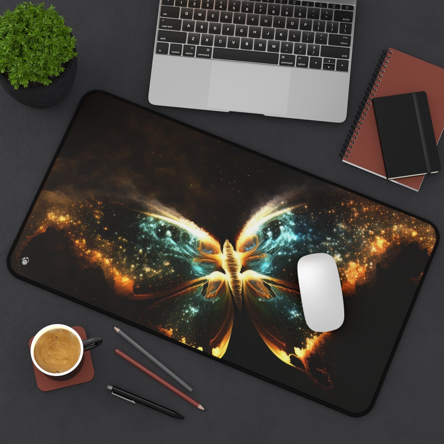 Galactic Butterfly Illustration xxl mouse pad of size 12 by 22 inches displayed on a desk