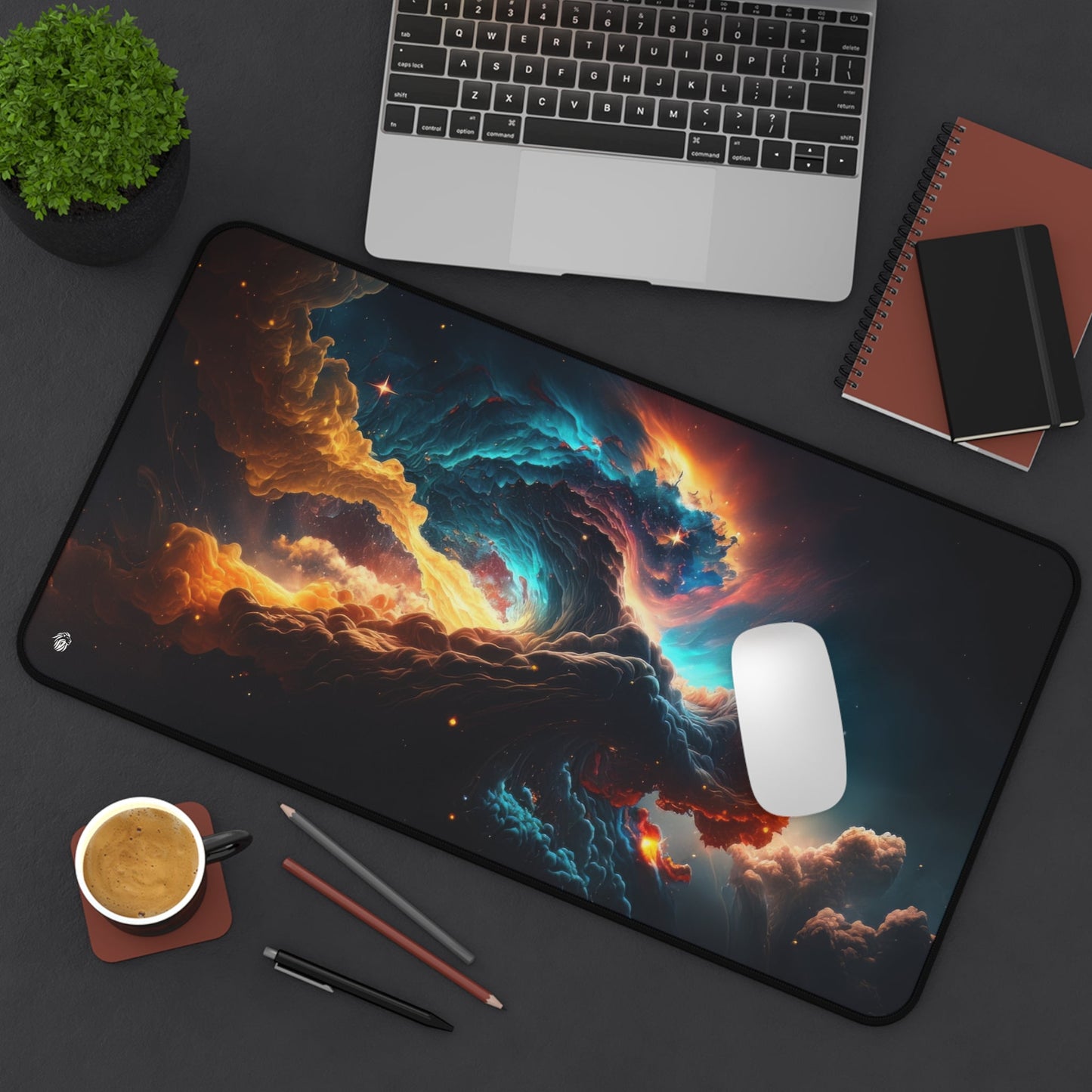 Vibrant Galactic Imagery xxl mouse pad of size 12 by 22 inches displayed on a desk