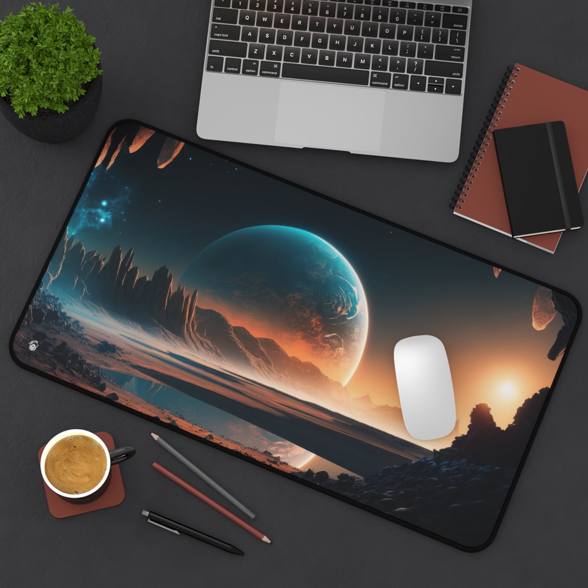 Extraterrestrial Landscape, Galactic Imagery xxl mouse pad of size 12 by 22 inches displayed on a desk