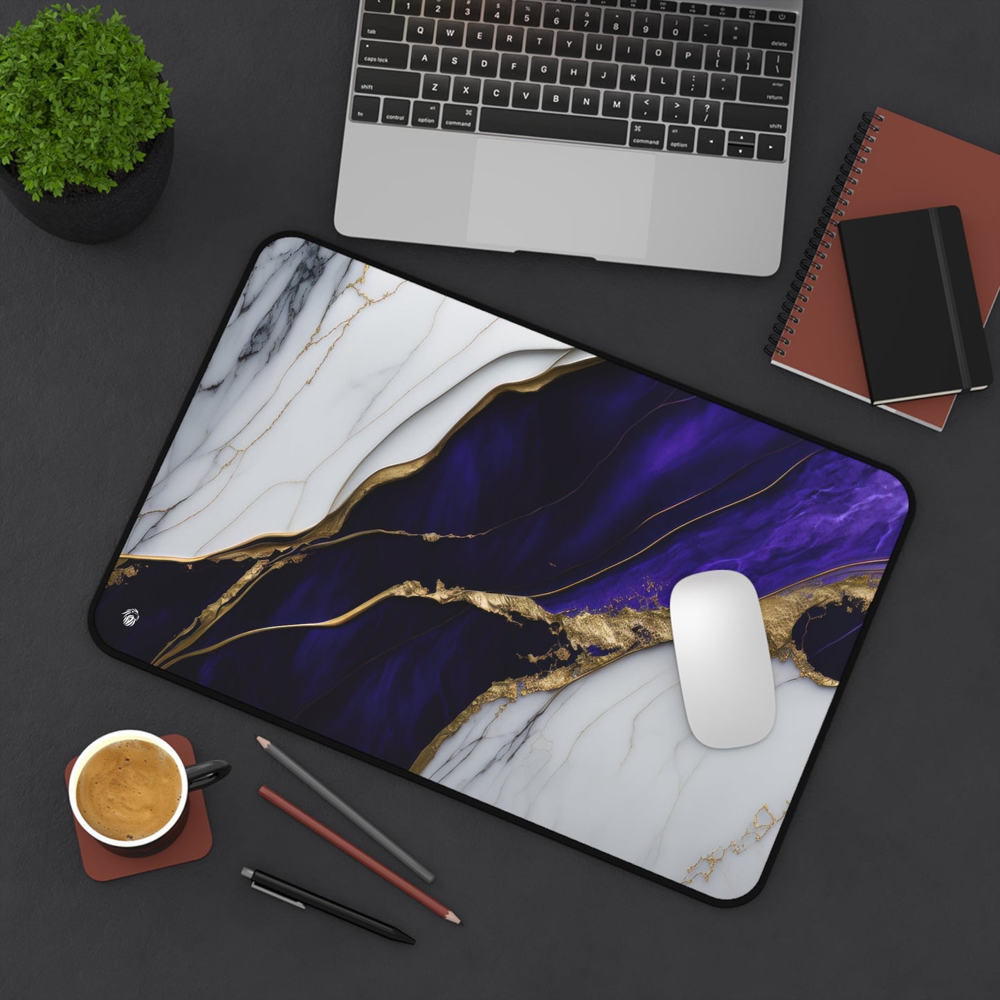 Purple Marble with Gold Accents xxl mouse pad of size 12 by 18 inches displayed on a desk