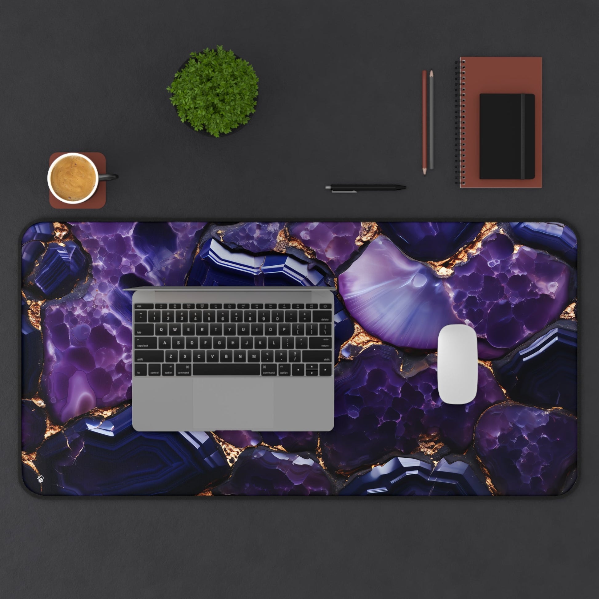 Purple Geode Pattern xxl mouse pad of size 15 by 31 inches displayed on a desk