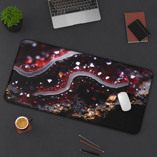 Deep Red Geode Pattern xxl mouse pad of size 15 by 31 inches displayed on a desk