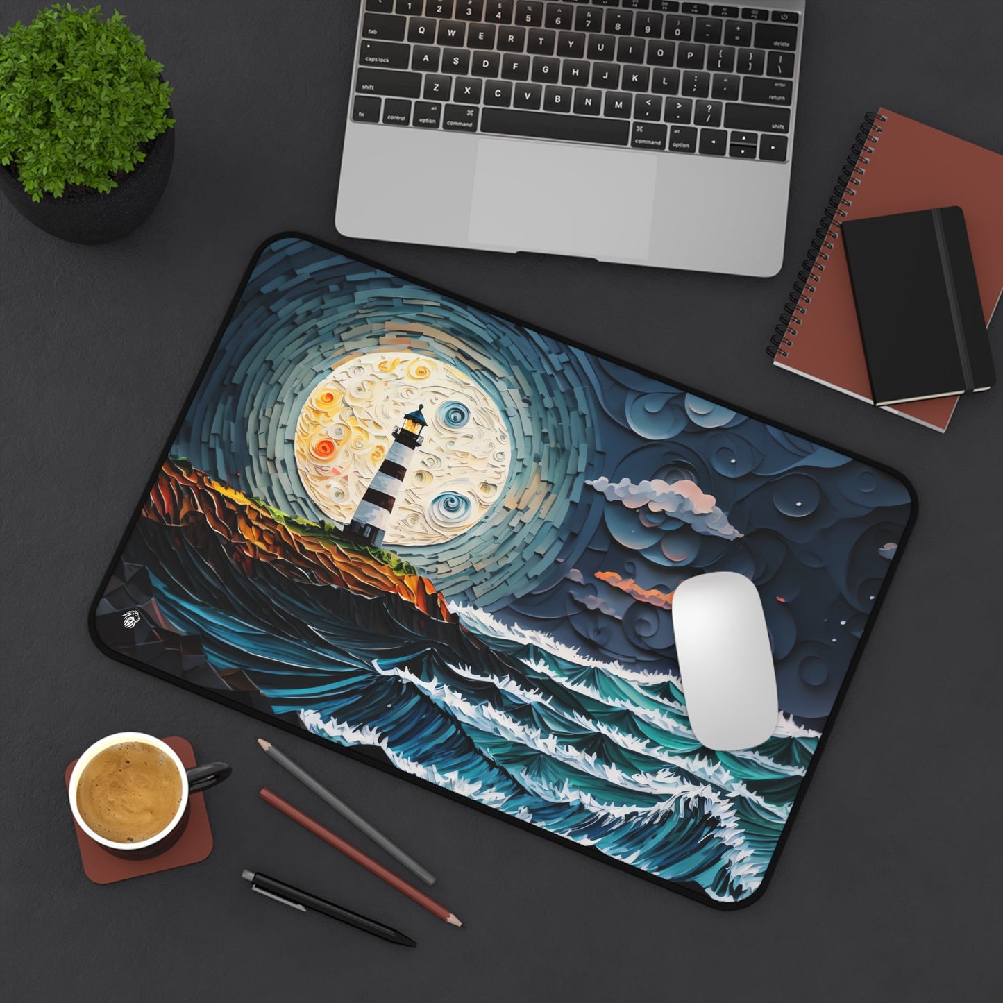 Sunset, Lighthouse, Ocean View xxl mouse pad of size 12 by 18 inches displayed on a desk