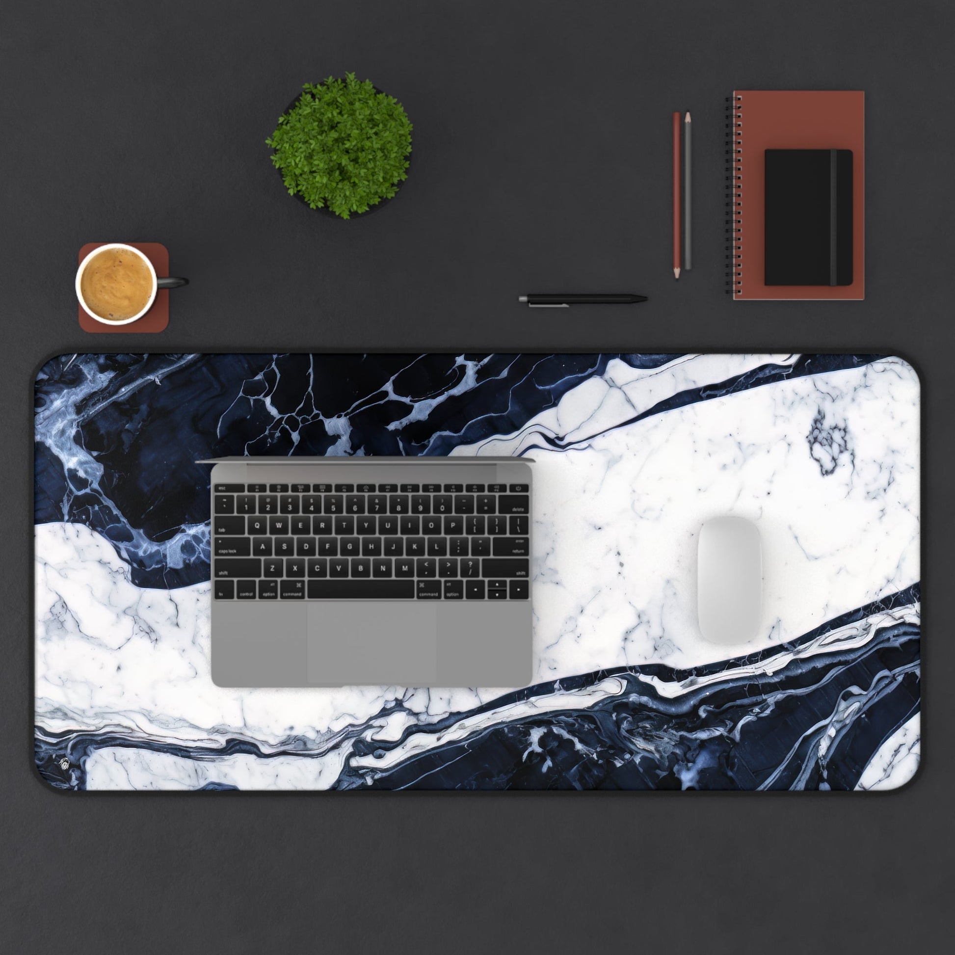 Deep Blue Marbled Appearance xxl mouse pad of size 15 by 31 inches displayed on a desk