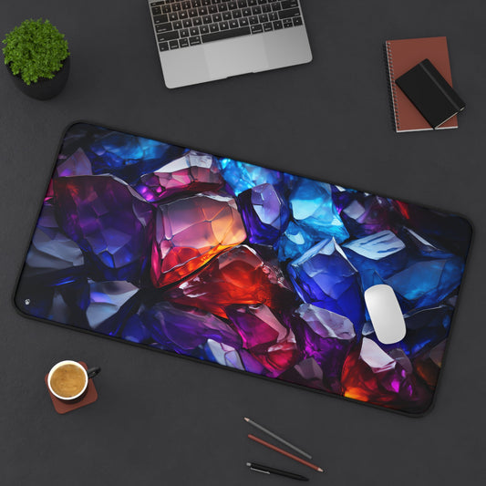 Vibrant Crystal Geode Pattern xxl mouse pad of size 15 by 31 inches displayed on a desk