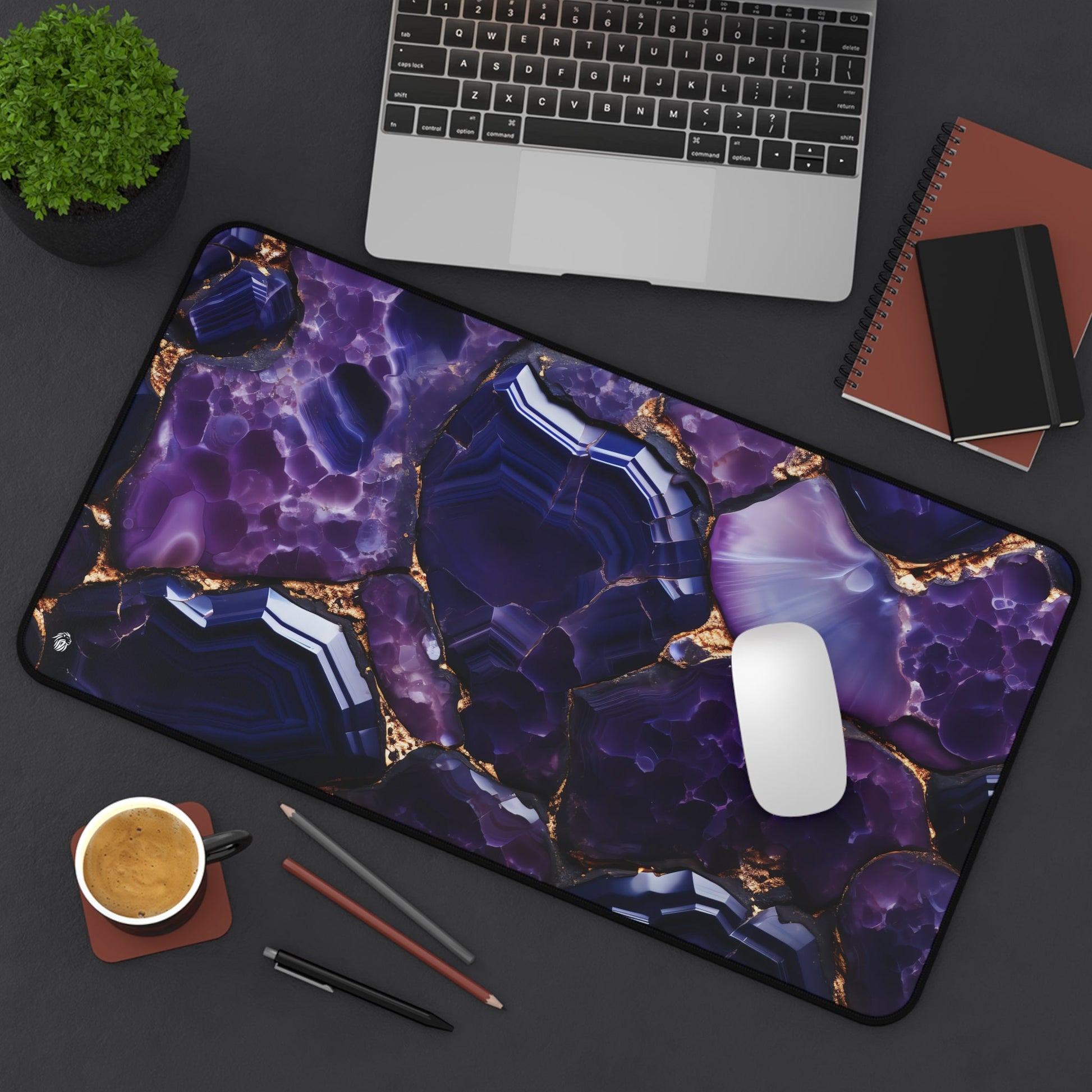 Purple Geode Pattern xxl mouse pad of size 12 by 22 inches displayed on a desk