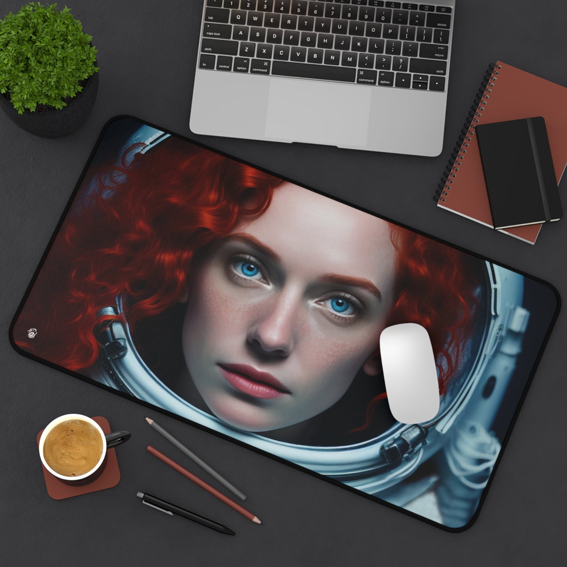 Galactic Woman Astronaut Imagery xxl mouse pad of size 12 by 22 inches displayed on a desk