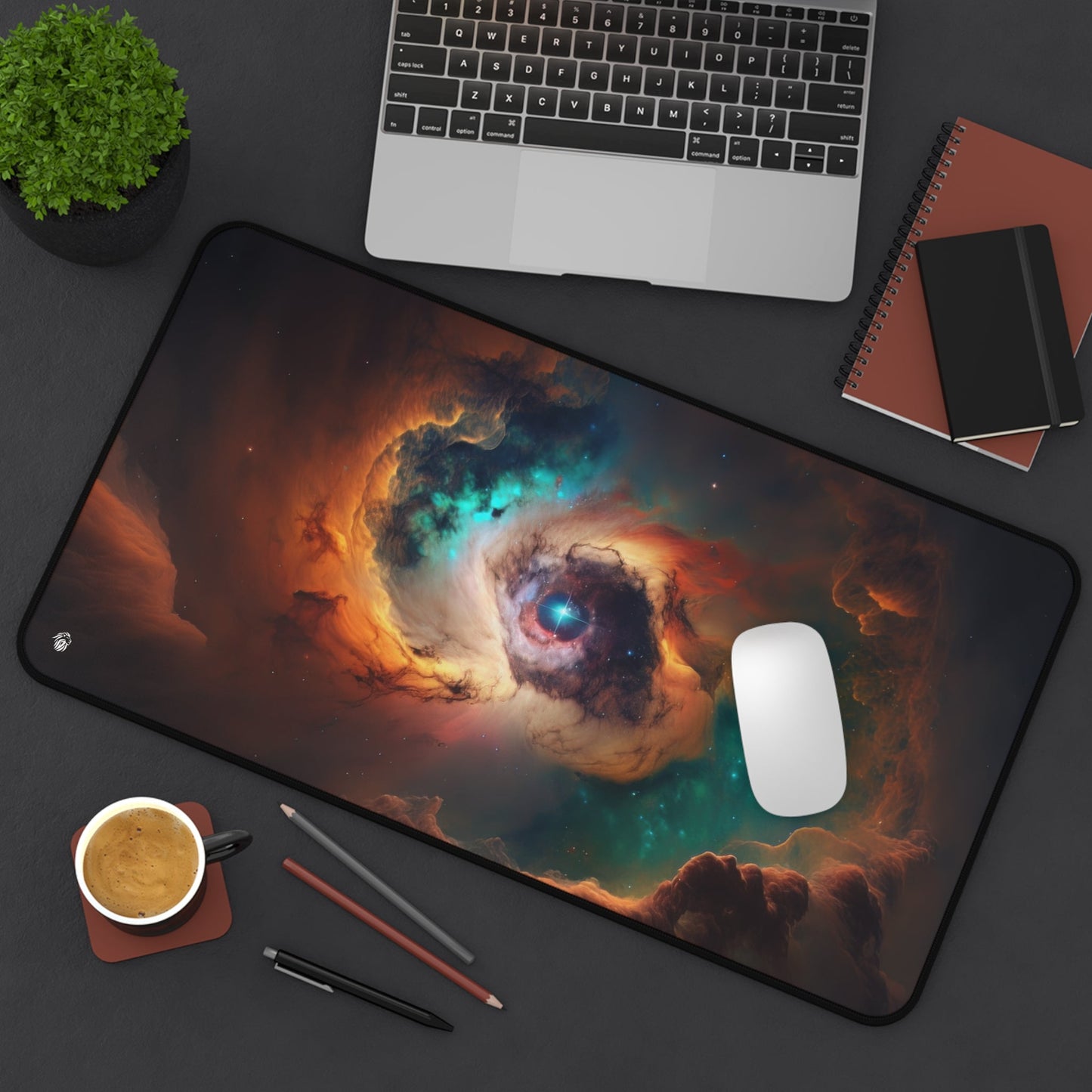 Vivid Galactic Explosion Imagery xxl mouse pad of size 12 by 22 inches displayed on a desk