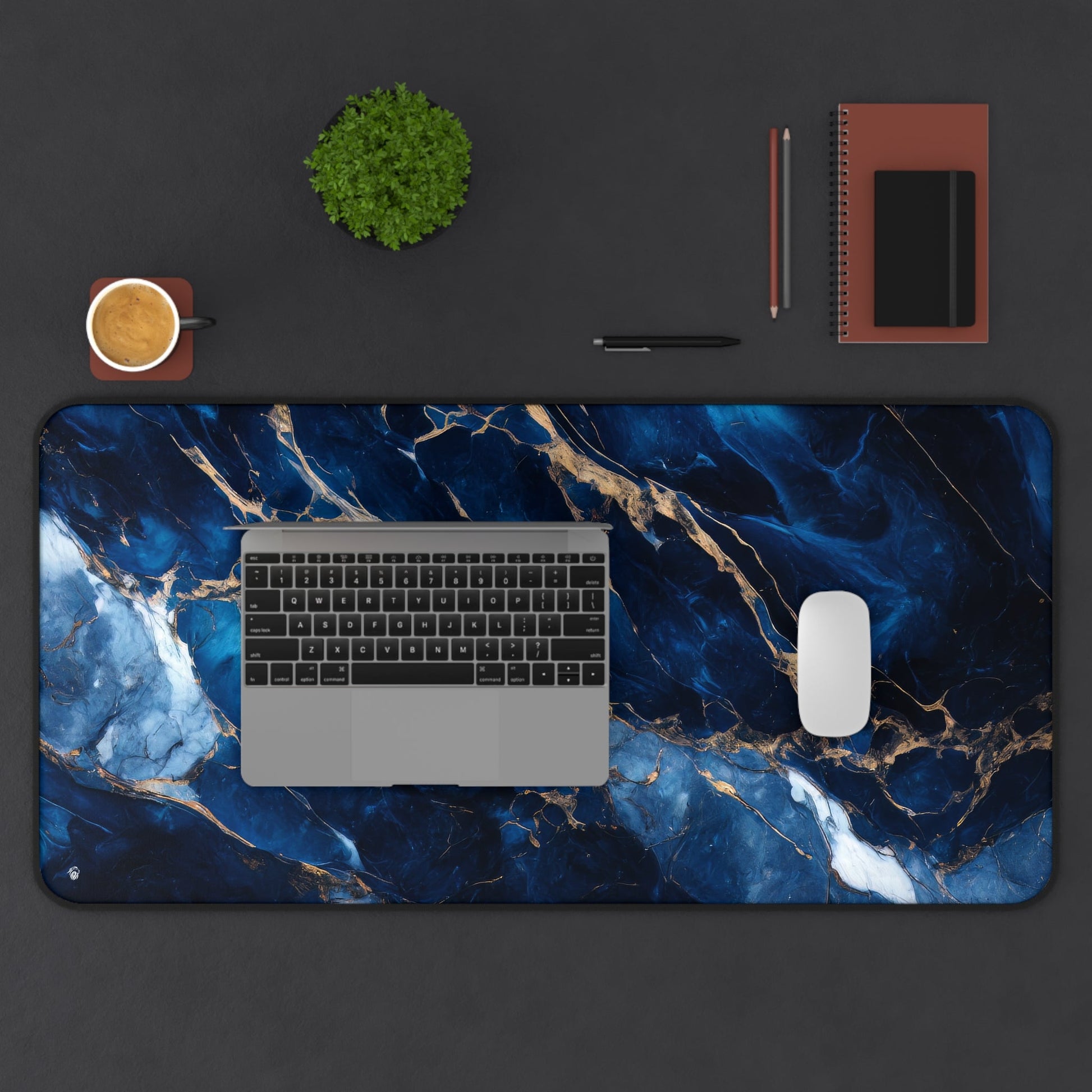 Blue, Marbled, Gold Accents xxl mouse pad of size 15 by 31 inches displayed on a desk