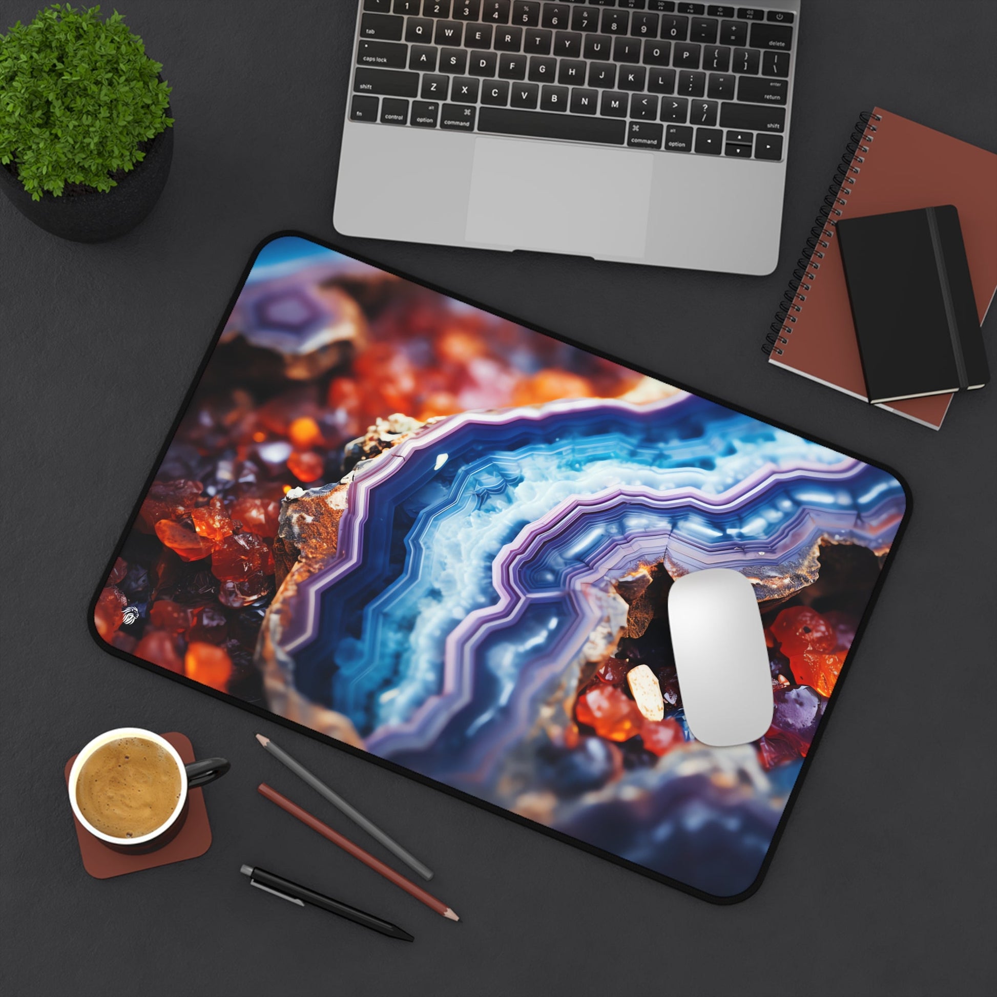 Vibrant, Geode-patterned, Multicolored xxl mouse pad of size 12 by 18 inches displayed on a desk