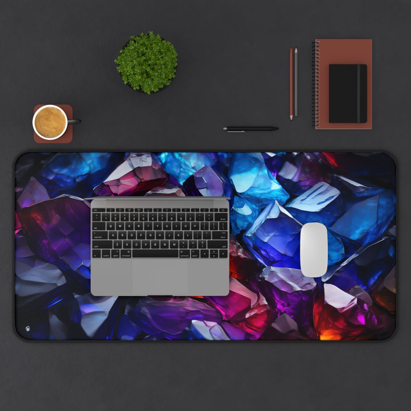 Vibrant Crystal Geode Pattern xxl mouse pad of size 15 by 31 inches displayed on a desk