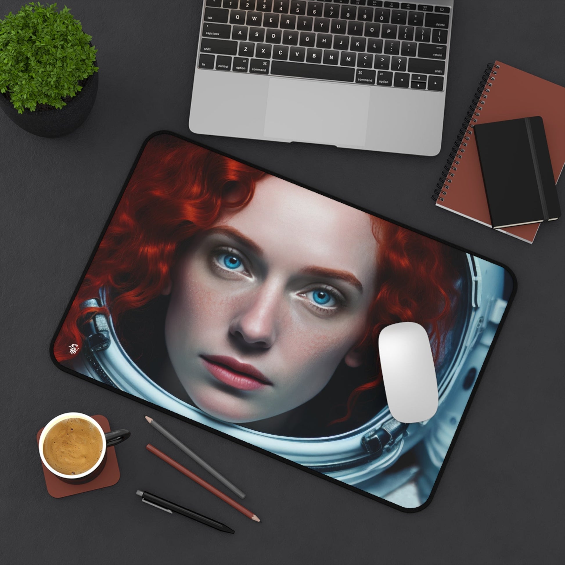 Galactic Woman Astronaut Imagery xxl mouse pad of size 12 by 18 inches displayed on a desk