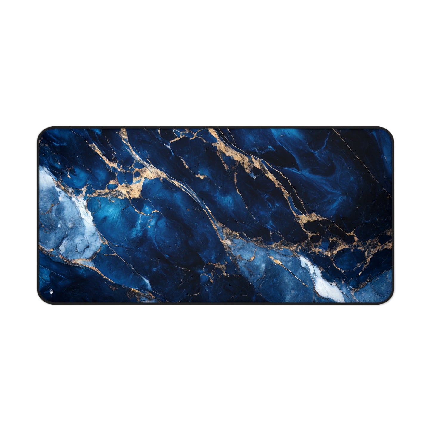 Close-up view of the front of the Blue, Marbled, Gold Accents xxl mouse pad