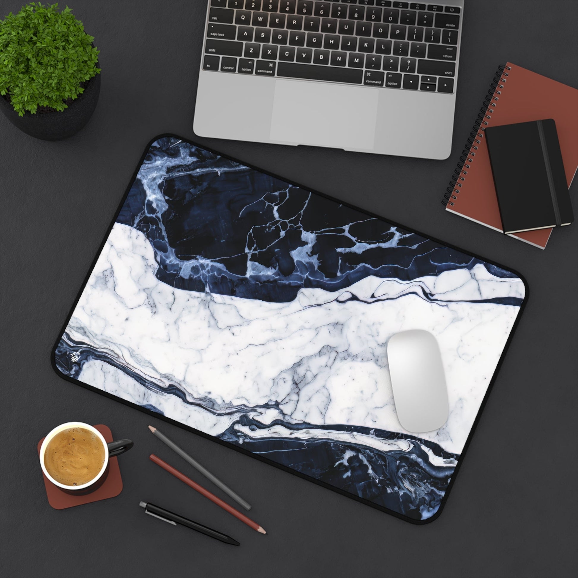 Deep Blue Marbled Appearance xxl mouse pad of size 12 by 18 inches displayed on a desk